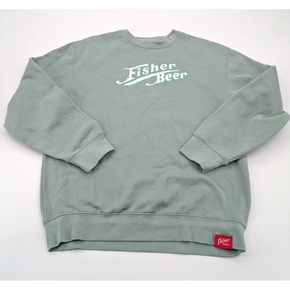 Fisher Beer Sweatshirt Mens Medium Sage Green Crewneck Pullover SLC Utah Retro